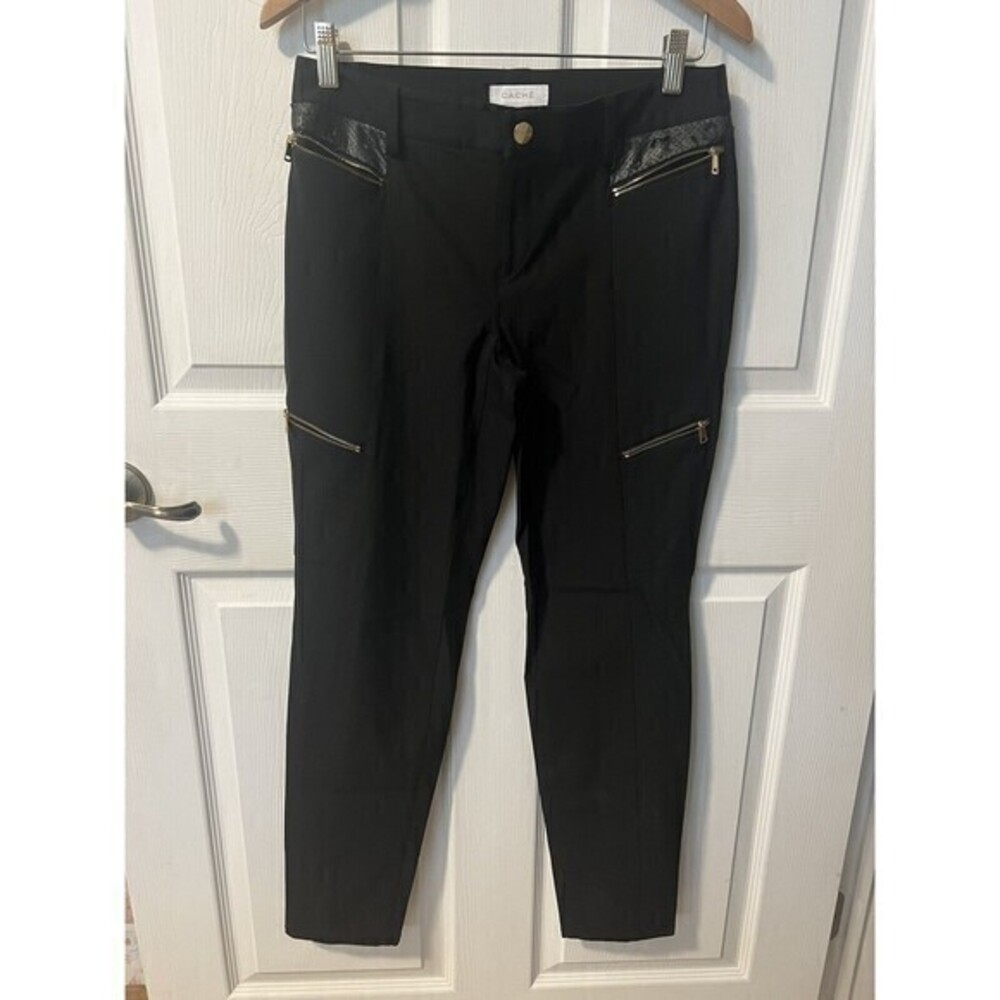 Cache Black Pants With‎ Gold Zippers, Faux Leather Accents Trouser Y2K, Sz 6
